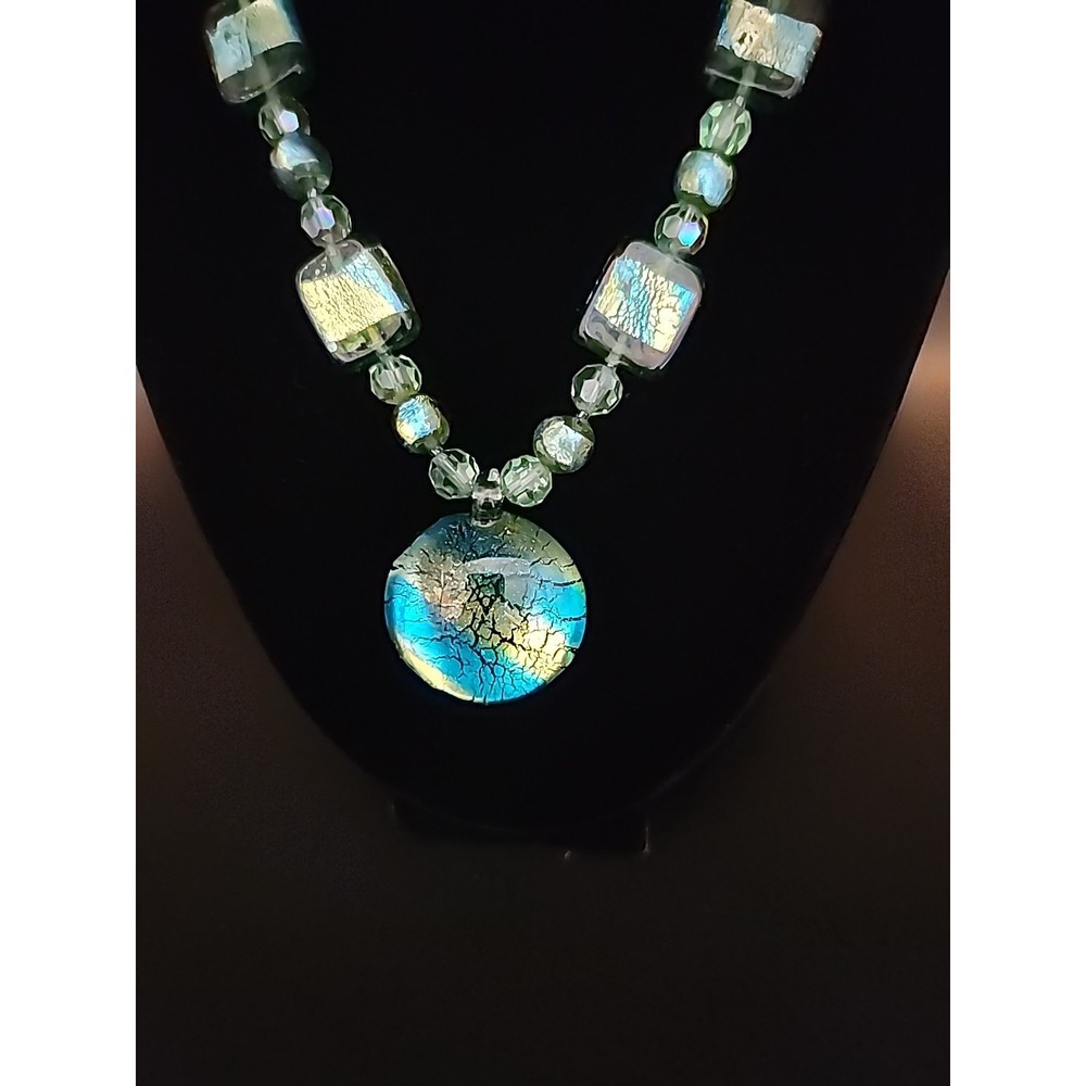 Vintage Handcrafted Art Glass Beaded Necklace Green, Blue, Metallic Foil 21" - Picture 5 of 16